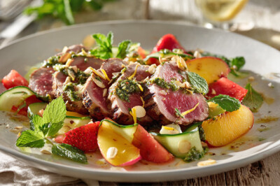 Tagliata di vitello con pesto leggero e insalatina di frutta estiva - tagliata-vitello-pesto-frutta-fresca