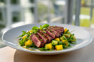 Filetto di bovino alla griglia con rucola, avocado e mango - Filetto di bovino alla griglia con rucola, avocado e mango
