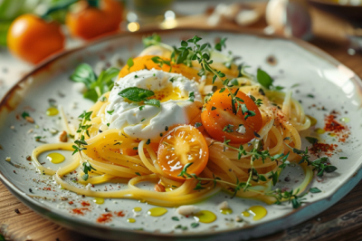 Pasta con datterino giallo della Piana del Sele e burrata - Pasta con datterino giallo della piana del Sele e burrata