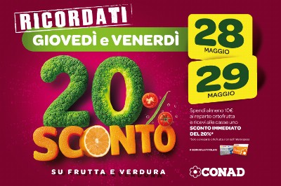 Da Conad, il 28 e 29 maggio il 20% di sconto su Frutta Fresca e Verdura - articolo-promo-ricordati-20-reparto-ortofrutta